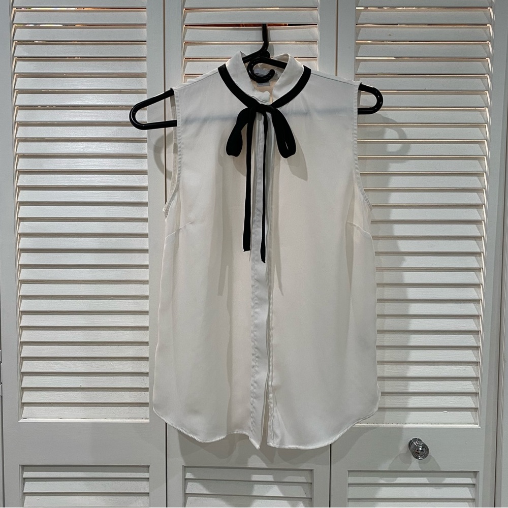 Black and White Sheer Button Down Bow Tie Blouse